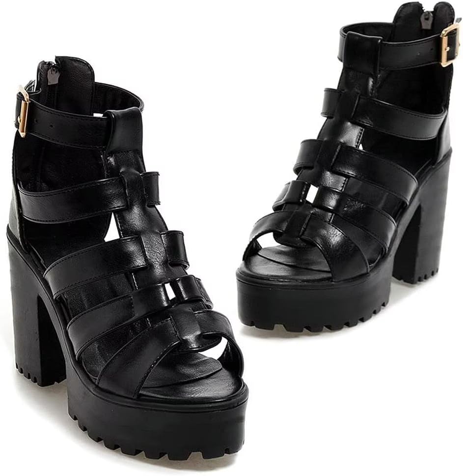 Agodor Women's Strappy Chunky Heeled Roman Gladiator Sandals High Heels Gothic Platform Open Toe Caged Shoes (US 7.5, Black) - Image 7