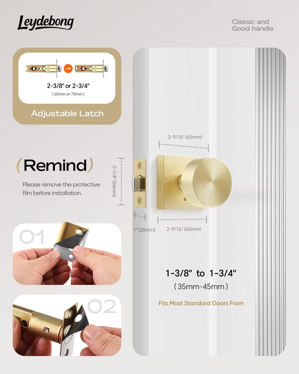 Leydebong 2 Pack Gold Door Knobs for Bedroom Bathroom, Interior Door Knob with No Key, Satin Brass Privacy Door Knob