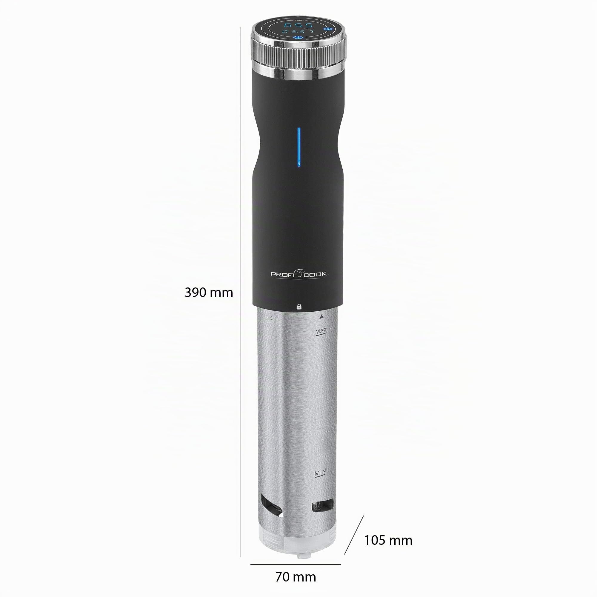 ProfiCook® Sous Vide Stick función mantener caliente y descongelar, sous vide hasta 90°C, pinza de montaje para olla de cocción lenta. Pantalla táctil, carcasa de acero inoxidable, PC- SV 1126