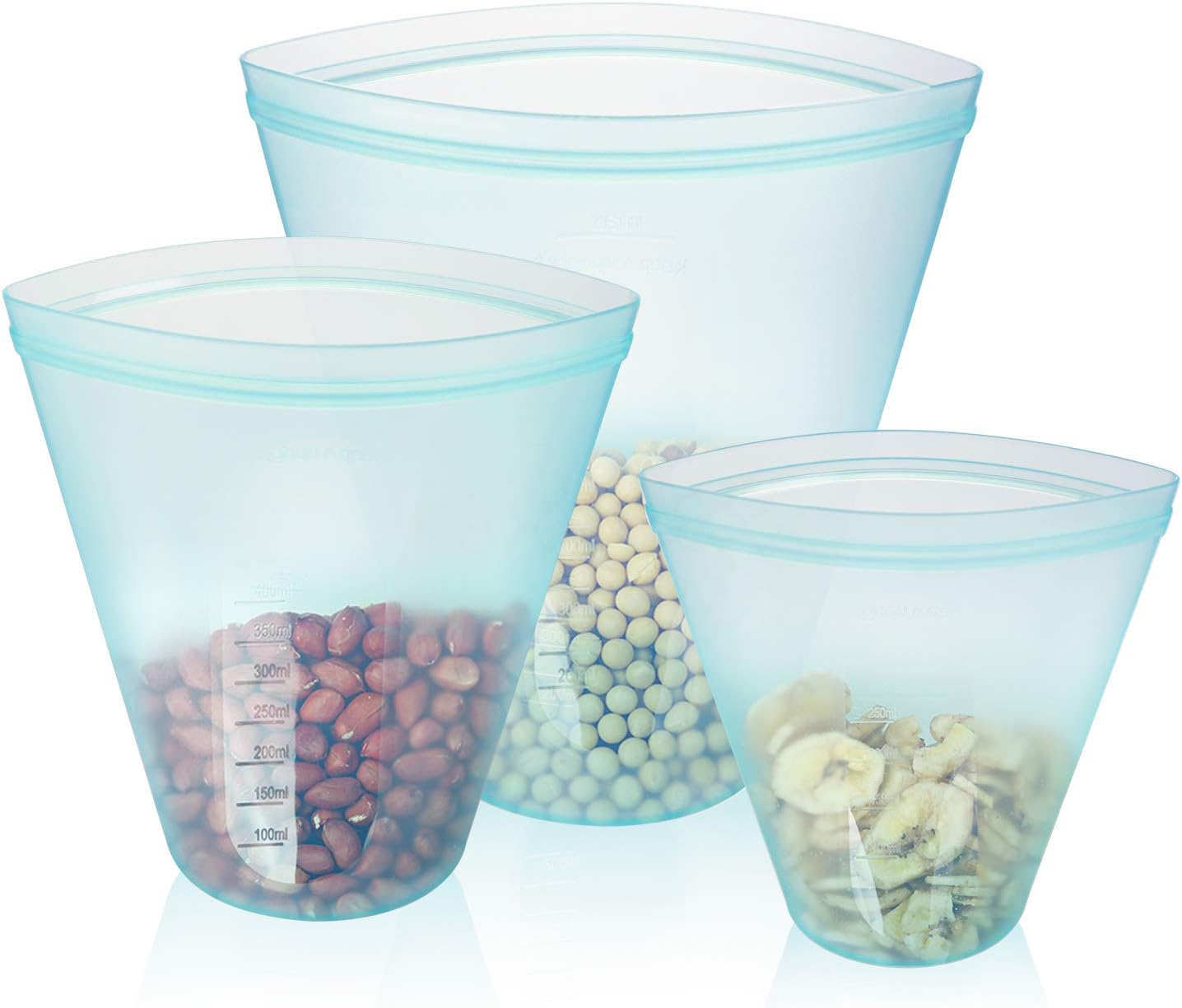 Reusable Platinum Silicone Storage Bags Stand Up Cups Zip Lock Food Containers, Set of 3
