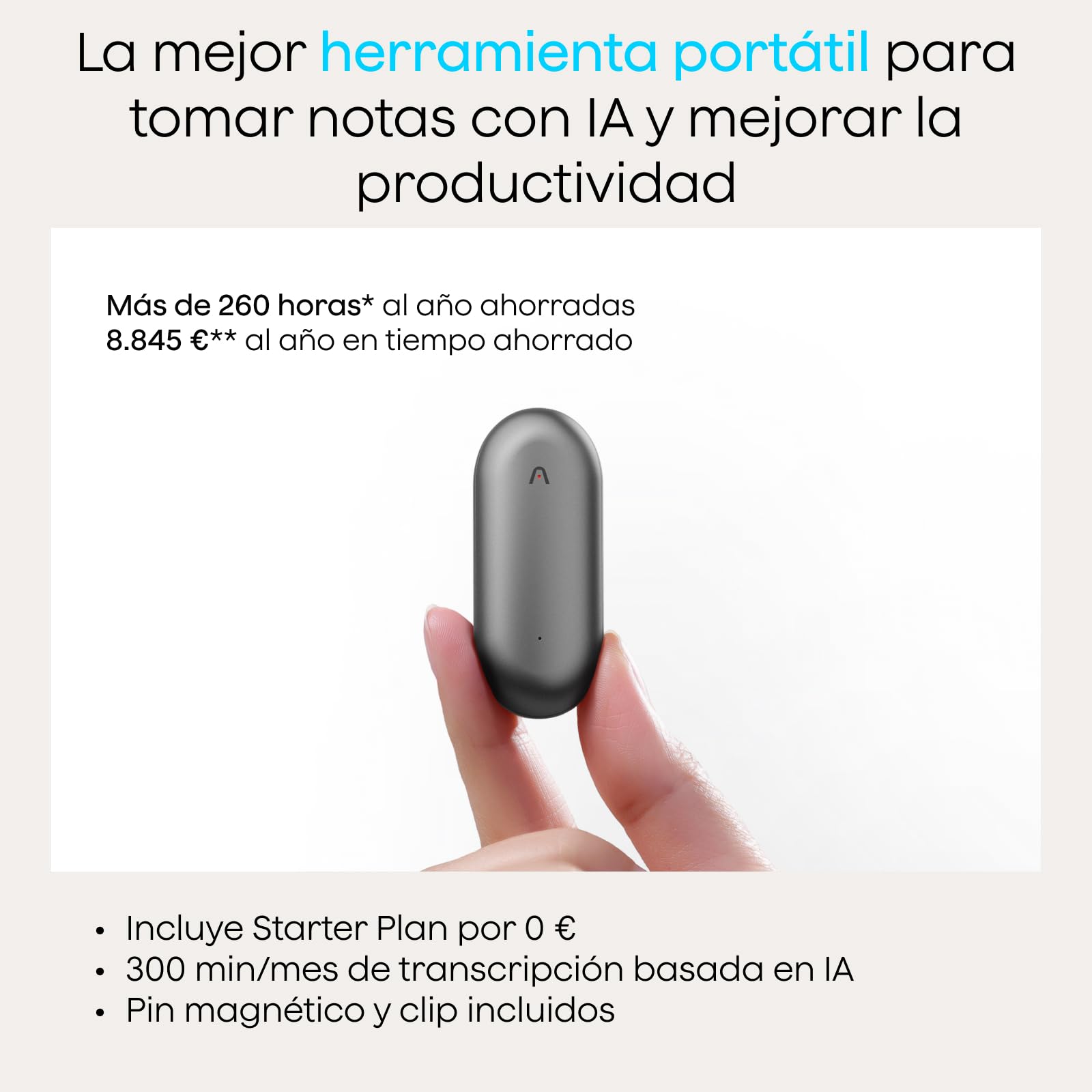 Plaud NotePin Bundle con 4 Accessori Inclusi Cordino e Braccialetto Registratore Vocale IA per Corsi e Riunioni, Grigio