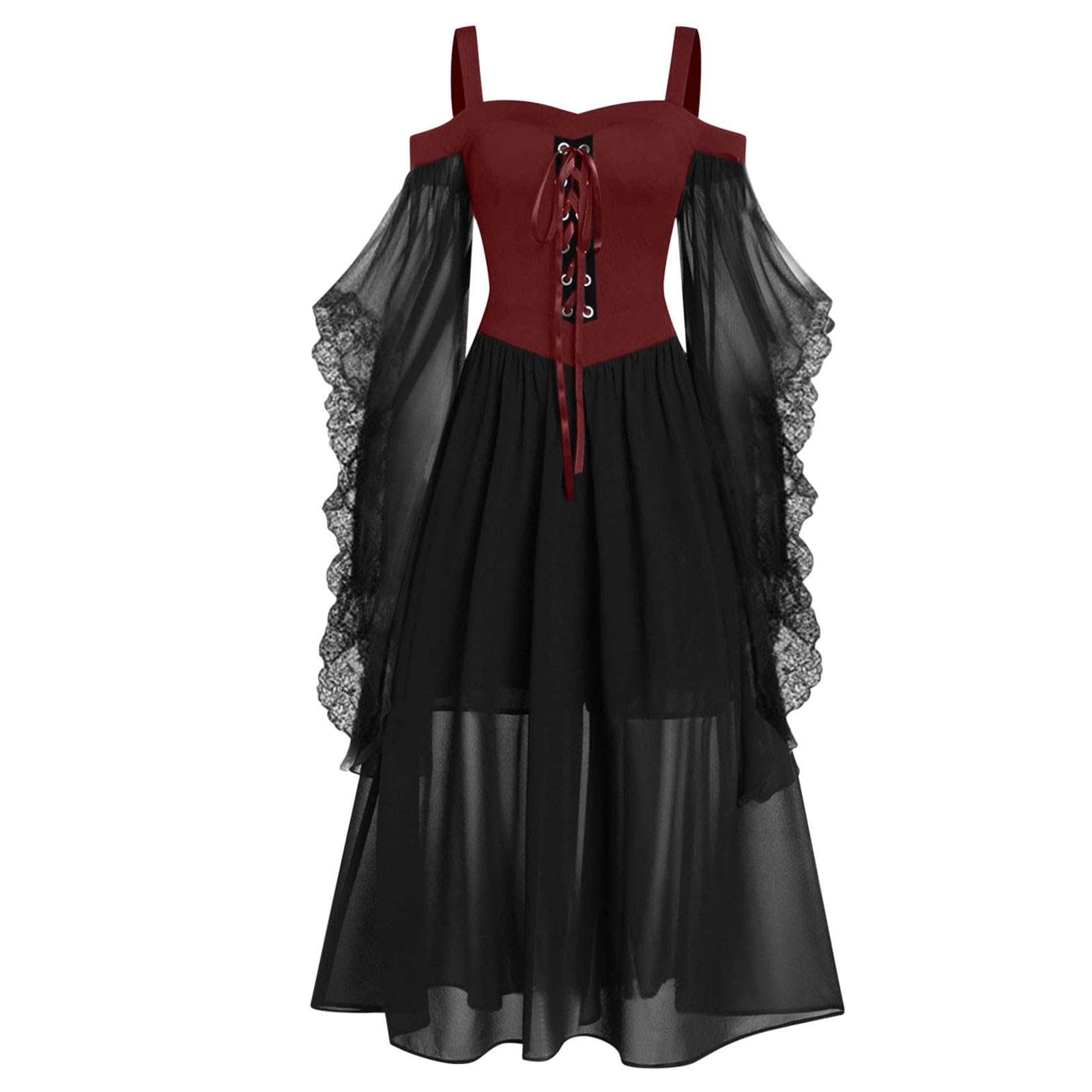 HAOLEI Halloween Dress Women Plus Size, Vintage Lace Renaissance Medieval Victorian Gothic Dress Cold Shoulder Flutter Sleeve Retro Steampunk Costume Rockabilly Goth 80s Dresses Ladies Red โ image 1