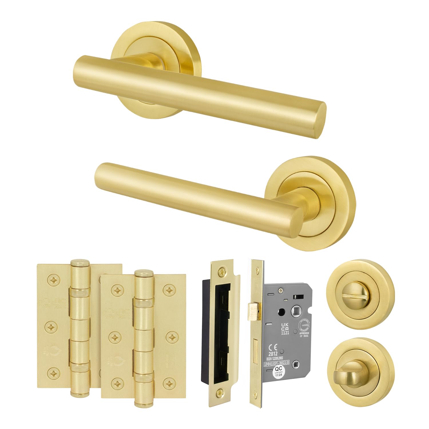 EAI Satin Brass Door Handle Bathroom Set, 1 Pair of Internal T-Bar Lever on Rose Handles, Lock (80mm) Hinges (76mm) - Oliena