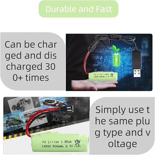 Miniatura 5 de Paquete de 2 baterías recargables de iones de litio de 3.7 V 500 mAh 14500 con cable de carga USB y junta SM-2P para automóviles RC, barcos RC,