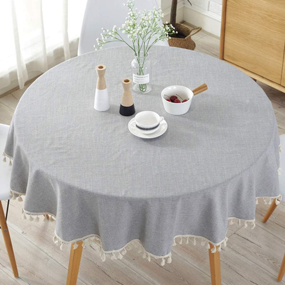 HINMAY Round Tablecloth, Tassel Table Cover for Kitchen Dinner Table, Decorative Solid Color Table Desk Cover,Diameter 60" (Gray)