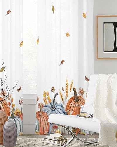 Miniatura 3 de Cortinas traslúcidas de gasa de eucalipto de 84 pulgadas de largo, 2 paneles de hojas de eucalipto y calabaza de Acción de Gracias, cortinas