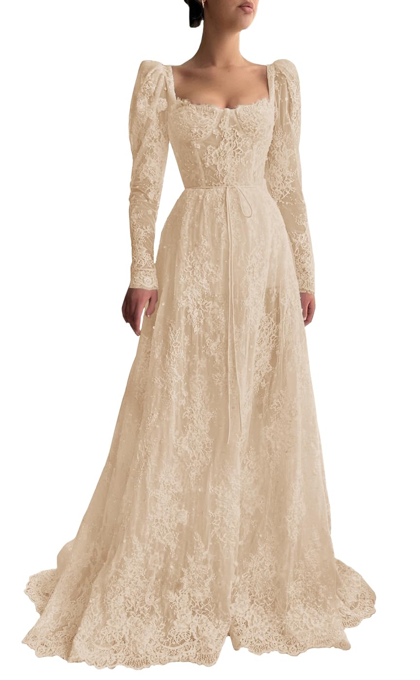 SHLFETWLUA Long Sleeve Prom Dresses 2025 Lace Applique Tulle Long Party Dresses for Women