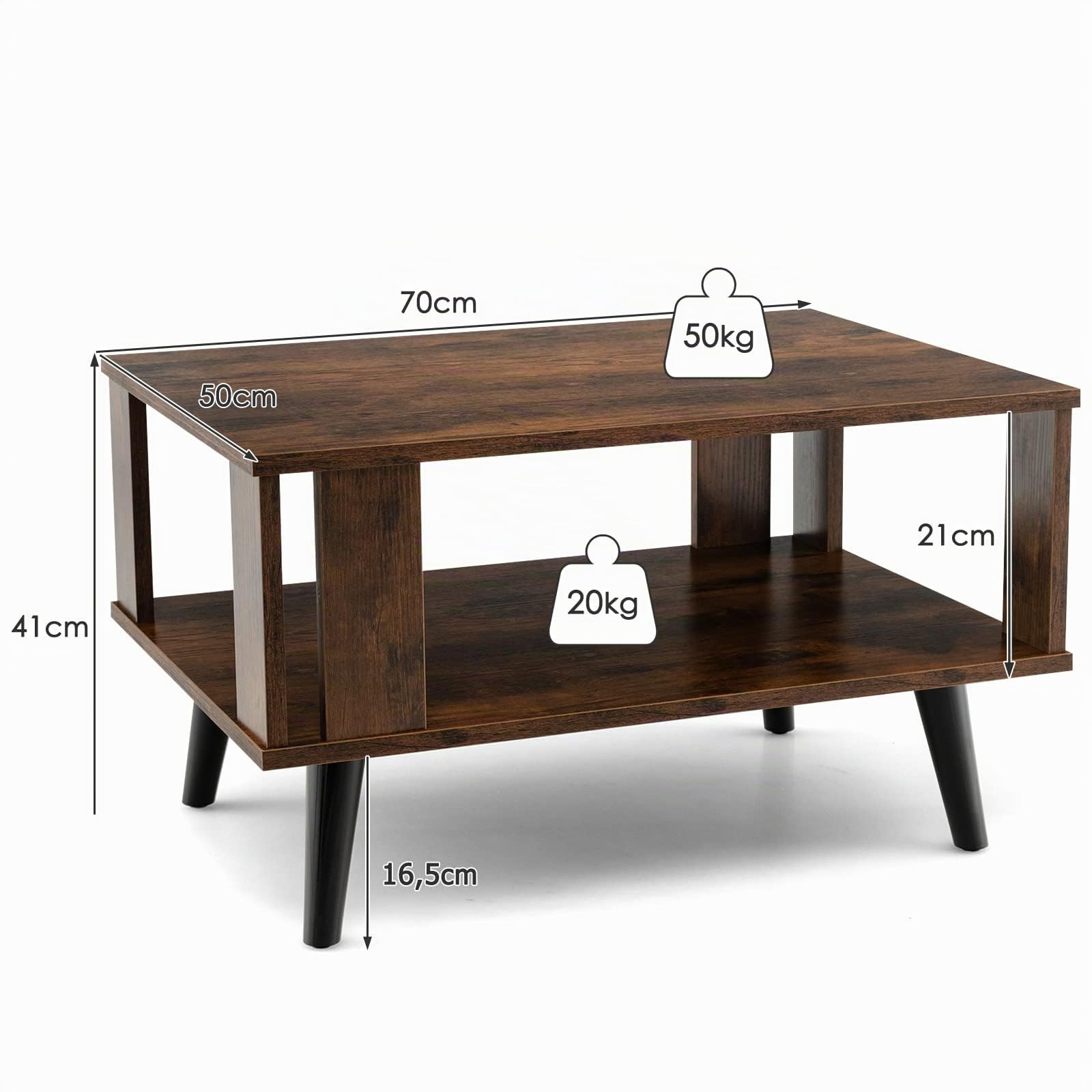 LIFEZEAL Tavolino da Salotto, Basso a 2 Ripiani, Tavolino da Caffè, da Divano, Scomparto Aperto, in Legno, Montaggio Semplice, Moderno, per Soggiorno, Max 70 kg, 70x50x41 cm, Marrone