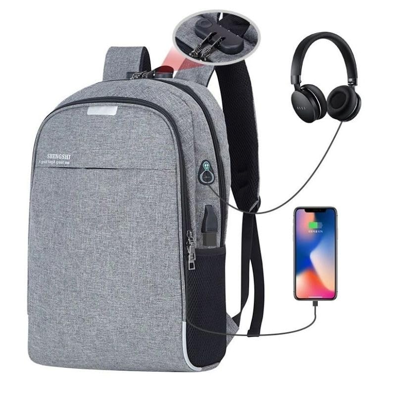 Mochila para Notebook com Trava de Segurança, Entrada para Fone de Ouvido e USB (Cinza)