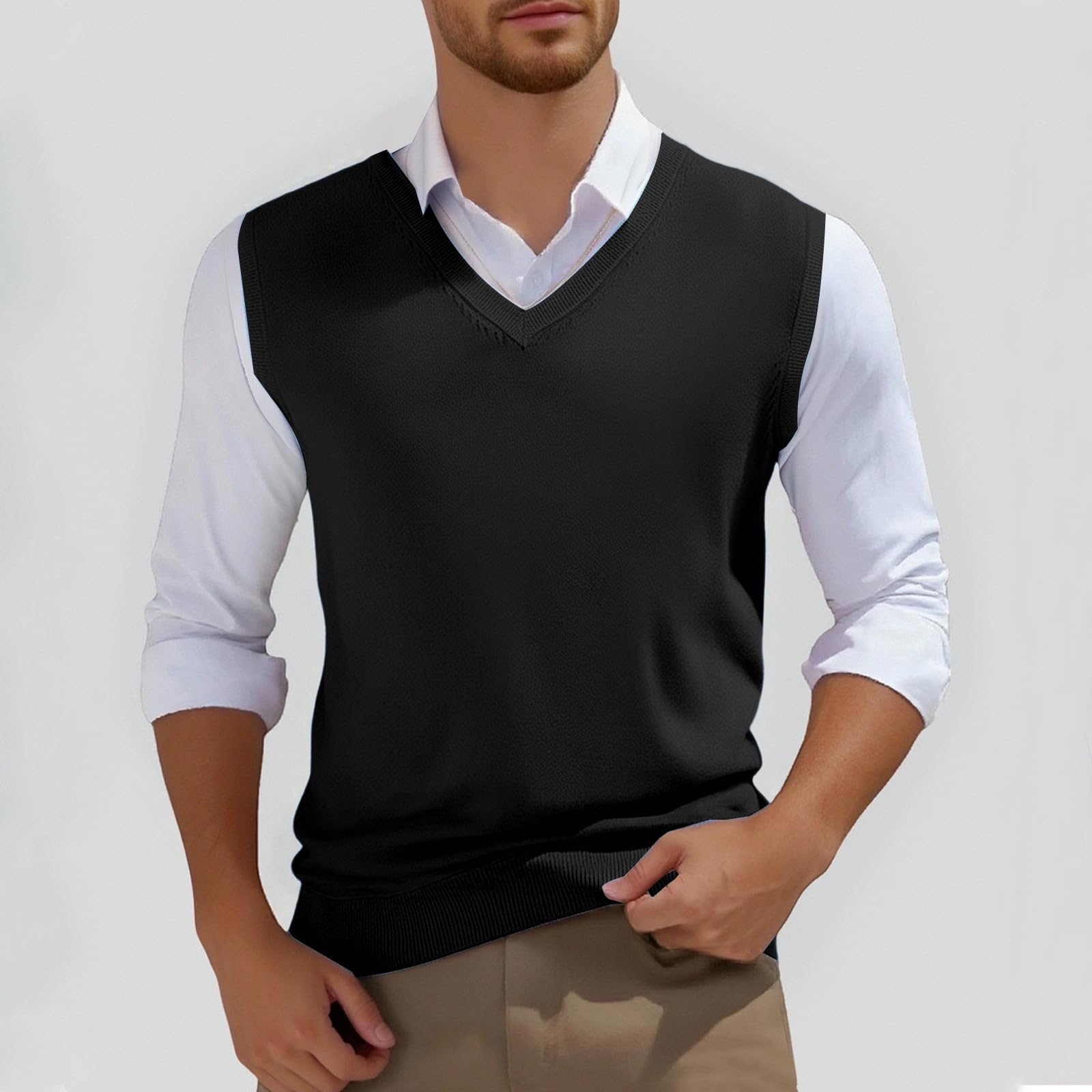Pull sans manches et gilets tricotés pour homme Col en V Gilet en tricot léger Printemps Automne Respirant Doux Superposition Pièce Décontractée Confortable Gilet