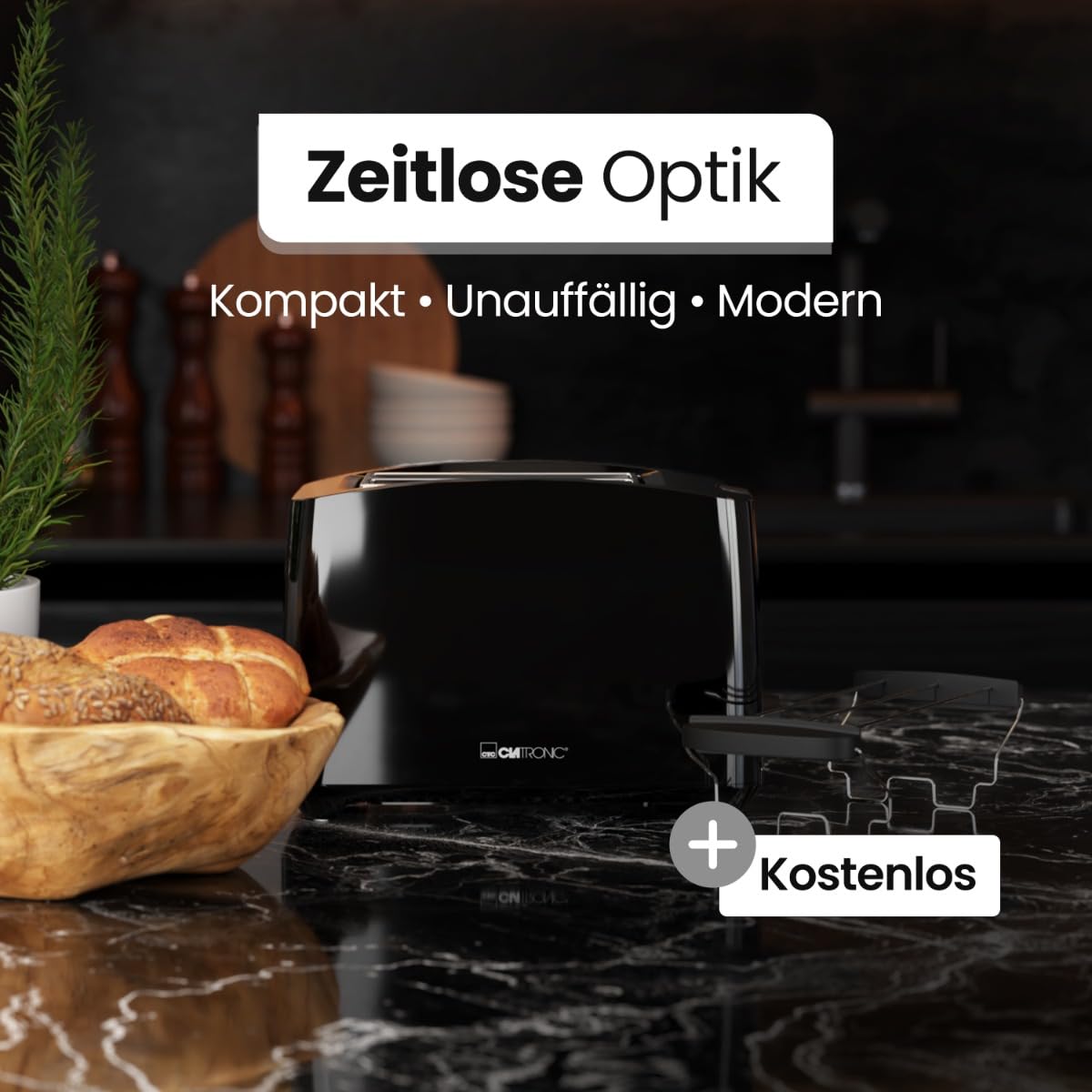 Clatronic, 2-szczelinowy toster TA3801, czarny - kompaktowy, regulacja przyrumienienia, funkcja rozmrażania/podgrzewania, wyjmowana tacka na okruszki, idealny do chleba, bułek i gofrów, 650-750W