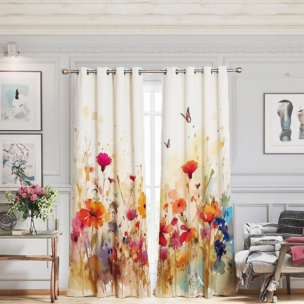 Floral Blackout Curtains 96 Inches Long Living Room Watercolor Farmhouse Window Panels Room Darkening Curtains Thermal Insulated Light Blocking Butterfly Printed Grommet for Bedroom, 2 Panels