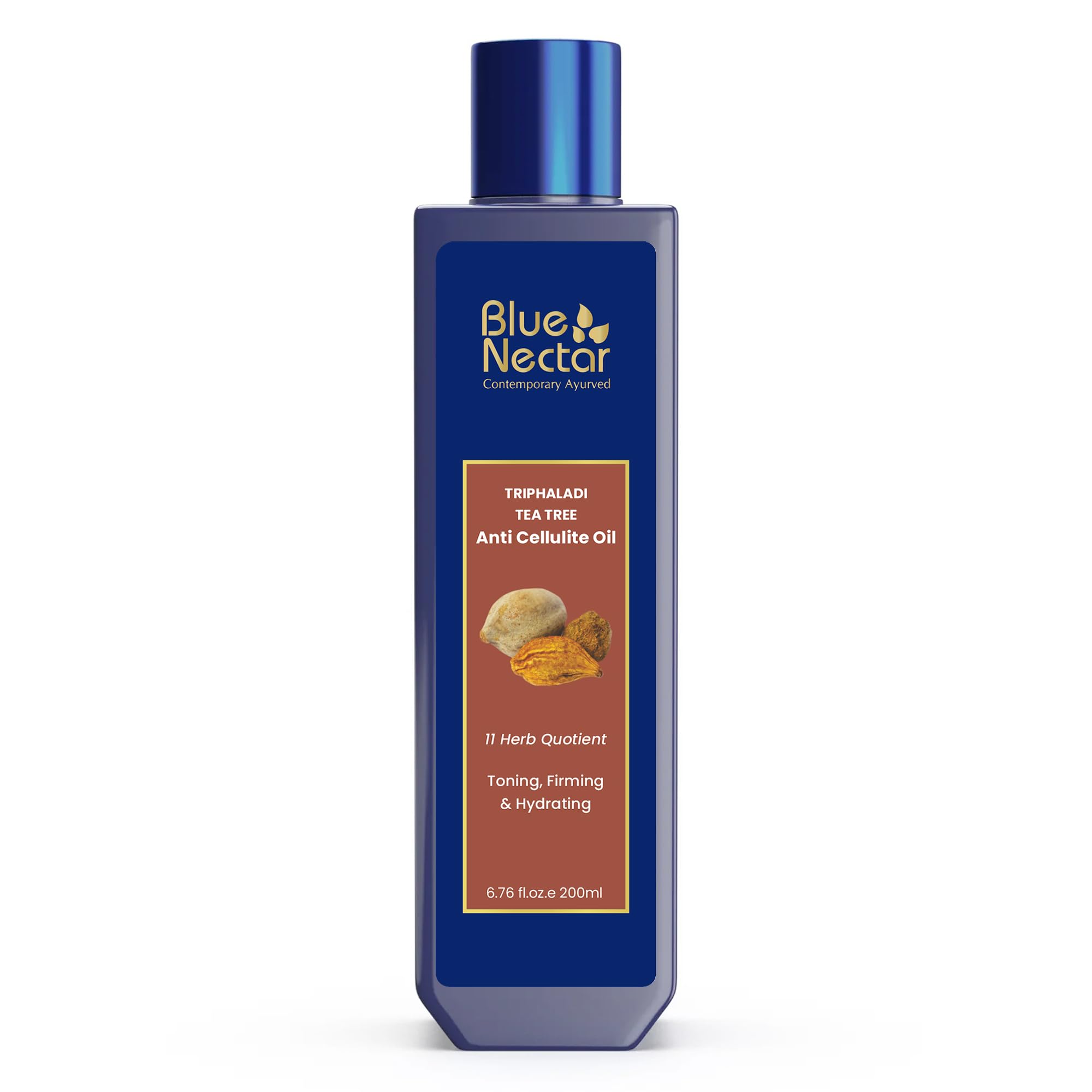 Blue Nectar Anti Cellulite Body Massage Oil with Ginger, Triphala & Tea Tree Essential Oil | Plant Based Body Oil for Women & Men for Skin Hydration (11 Herbs, 200ml)