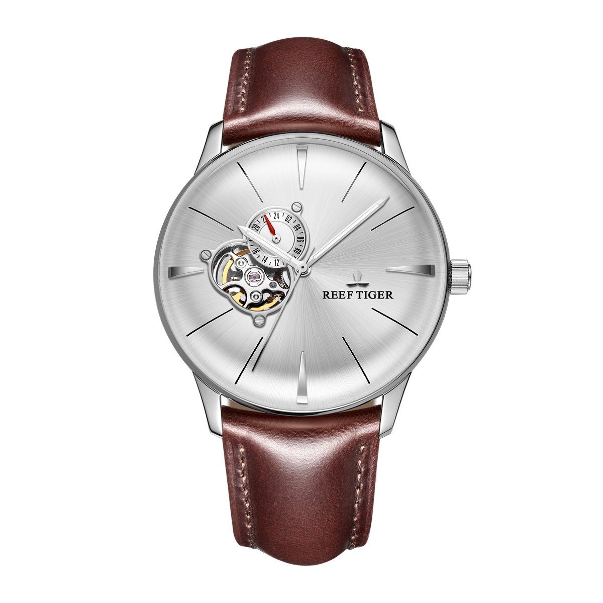 REEF TIGER Mens Casual Watches Convex Lens Tourbillon Watch Leather Strap Steel Watches RGA8239