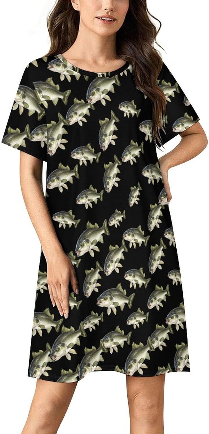 Bass Fish Nightgowns for Women Short Sleeve Sleep Dress Casual Sleepshirt Night Gowns Pajamas