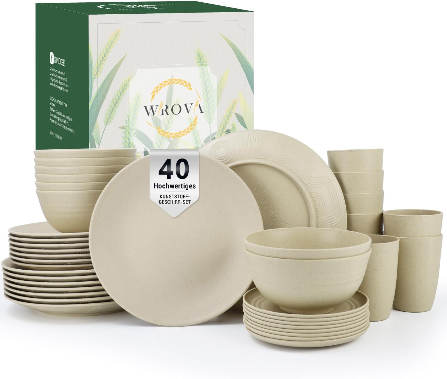 Wrova Set di stoviglie da 40 pezzi, piatti e ciotole, infrangibili, per 8 persone, lavabili in lavastoviglie e adatte al microonde, stoviglie per picnic, compleanni, campeggio, beige