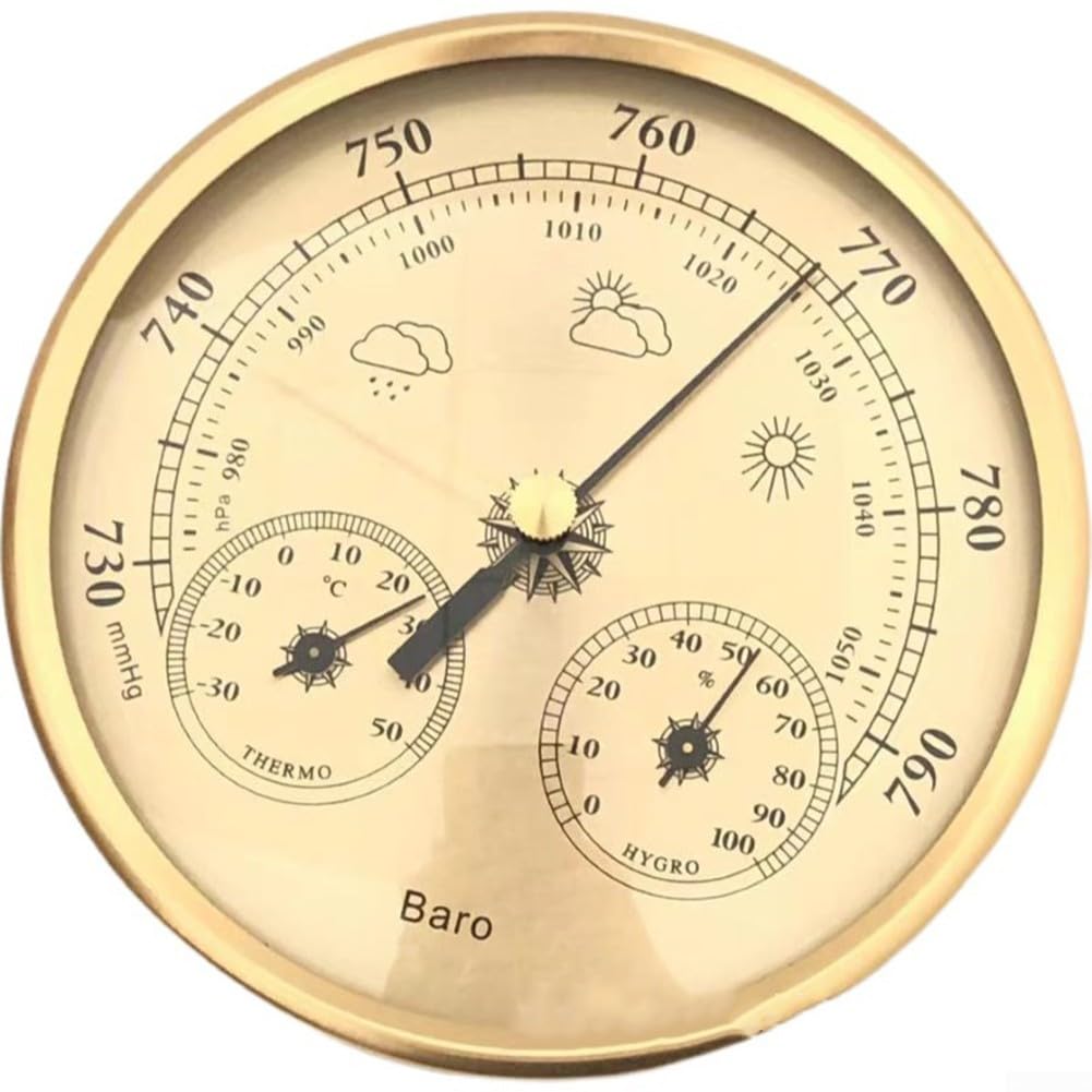 3-in-1 Weather Station Thermometer Hygrometer Barometer 130mm Mechanical Indoor Wall-Mounted Aluminum for DIAL