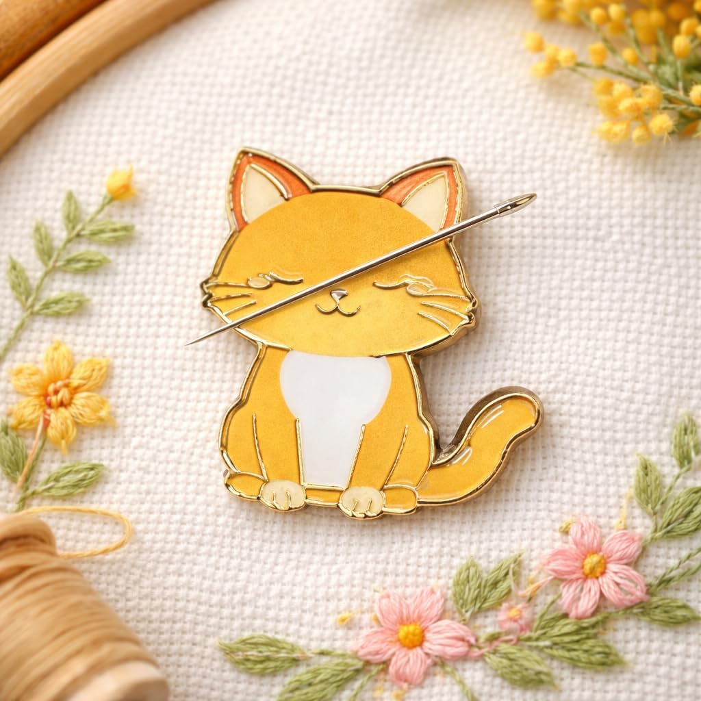 Howie's Needlepoint Needle Minder Magnet, Yellow Cat Magnetic Needle Holder for Cross Stitch, Embroidery & Sewing Supplies（Yellow Cat）