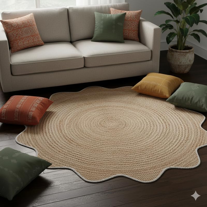 Miniatura 4 de Alfombra redonda de yute natural de 4 x 4, 5 x 5, 6 x 6 pies, alfombra redonda de yute festoneado, alfombra trenzada bohemia y ecológica, circular