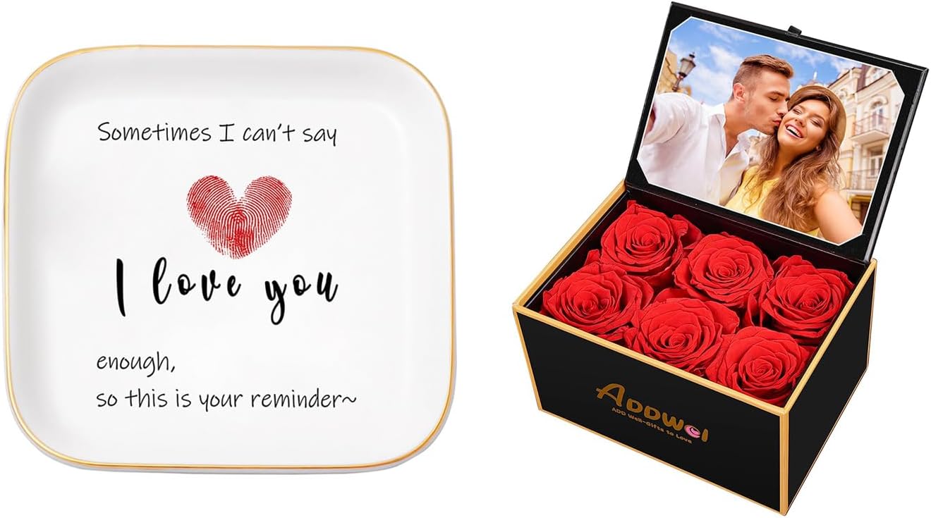 ADDWel Romantic Gift Bundle: Preserved Real Roses in 4x6 Photo Frame & "I Love You" Ceramic Jewelry Tray Dish– Valentine's Day, Mother's Day Gifts for Wife, Mom, Girlfriend