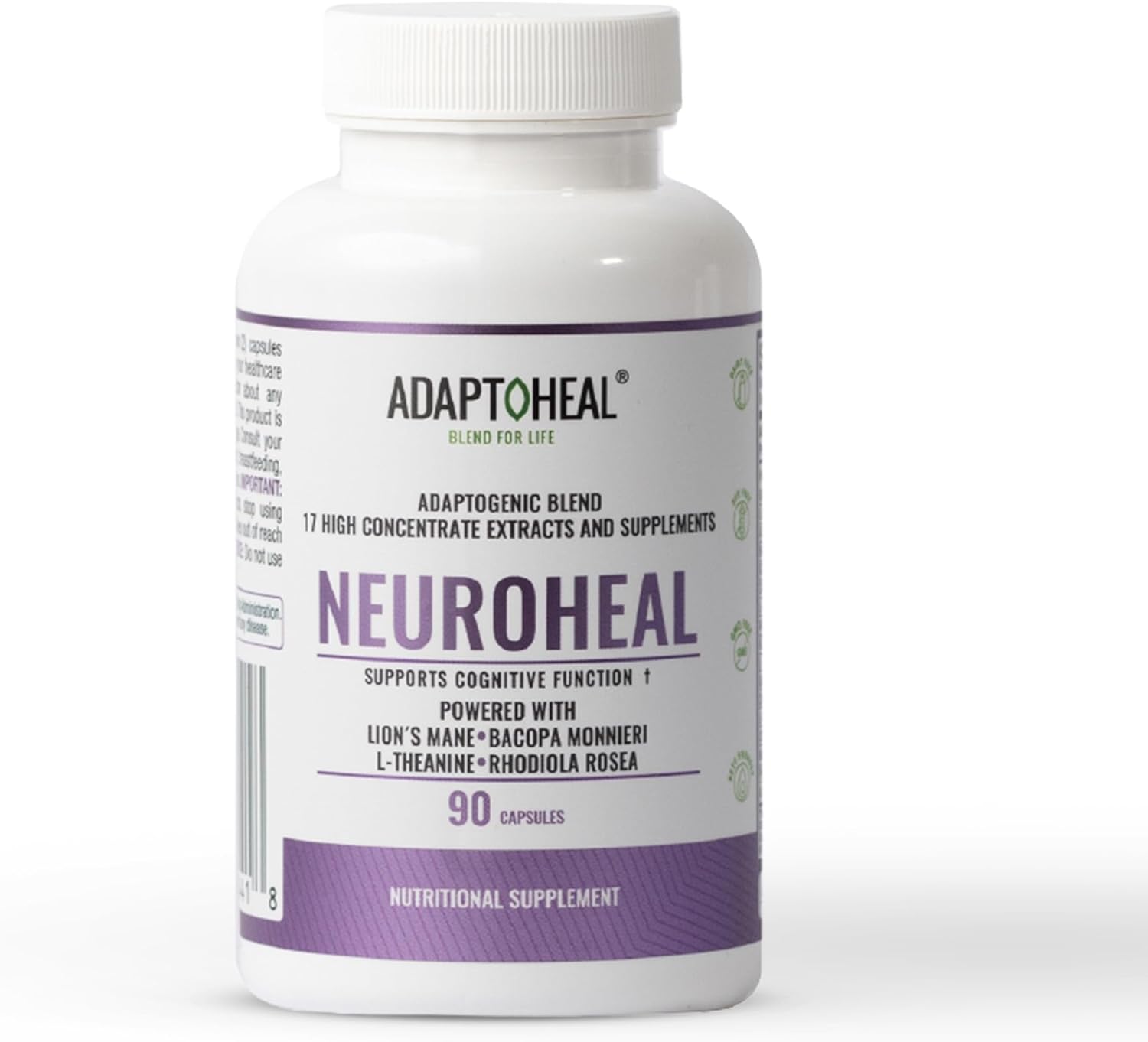 ADAPTOHEAL NeuroHeal - Natural Supplement for Cognitive Function – Supports Memory, Concentration and Brain Health Support, Lion's Mane, Bacopa Monnieri, L-Theanine, Rhodiola Rosea (90 Capsules)
