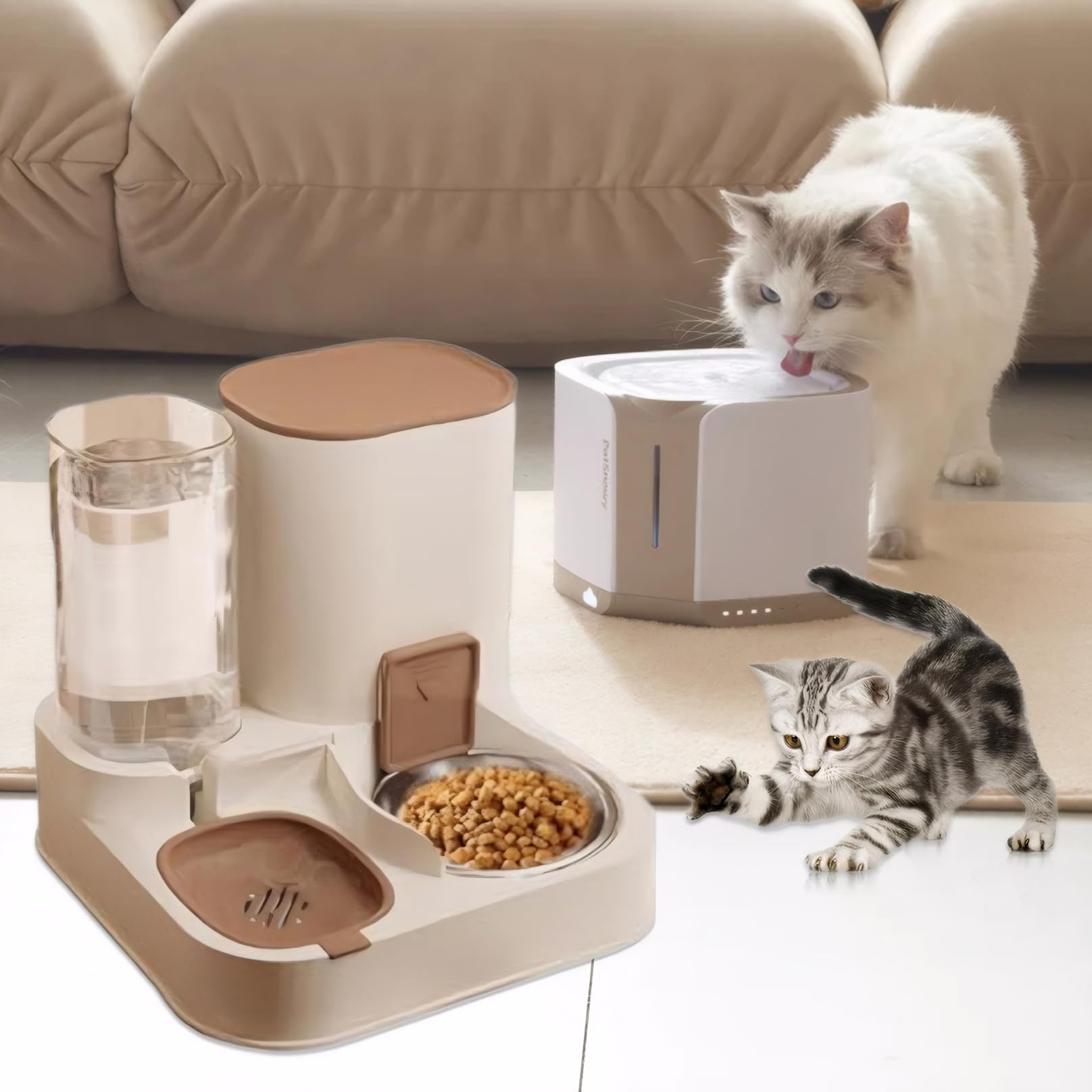 Comedero automático para gatos 2 en 1 de acero inoxidable y polipropileno, dispensador automático de agua y agua de gran capacidad, dispensador de alimentos desmontable para perros pequeños y gatos