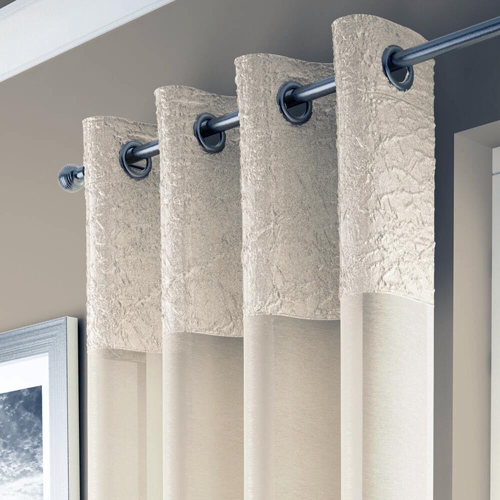 Maple Textiles A Pair of Ivory Light Cream Eyelet Heading Voile Crushed Metallic Satin Curtain Panel Ring Top Available in 3 sizes (2, Cream, 54"(137cm) Drop) — image 1