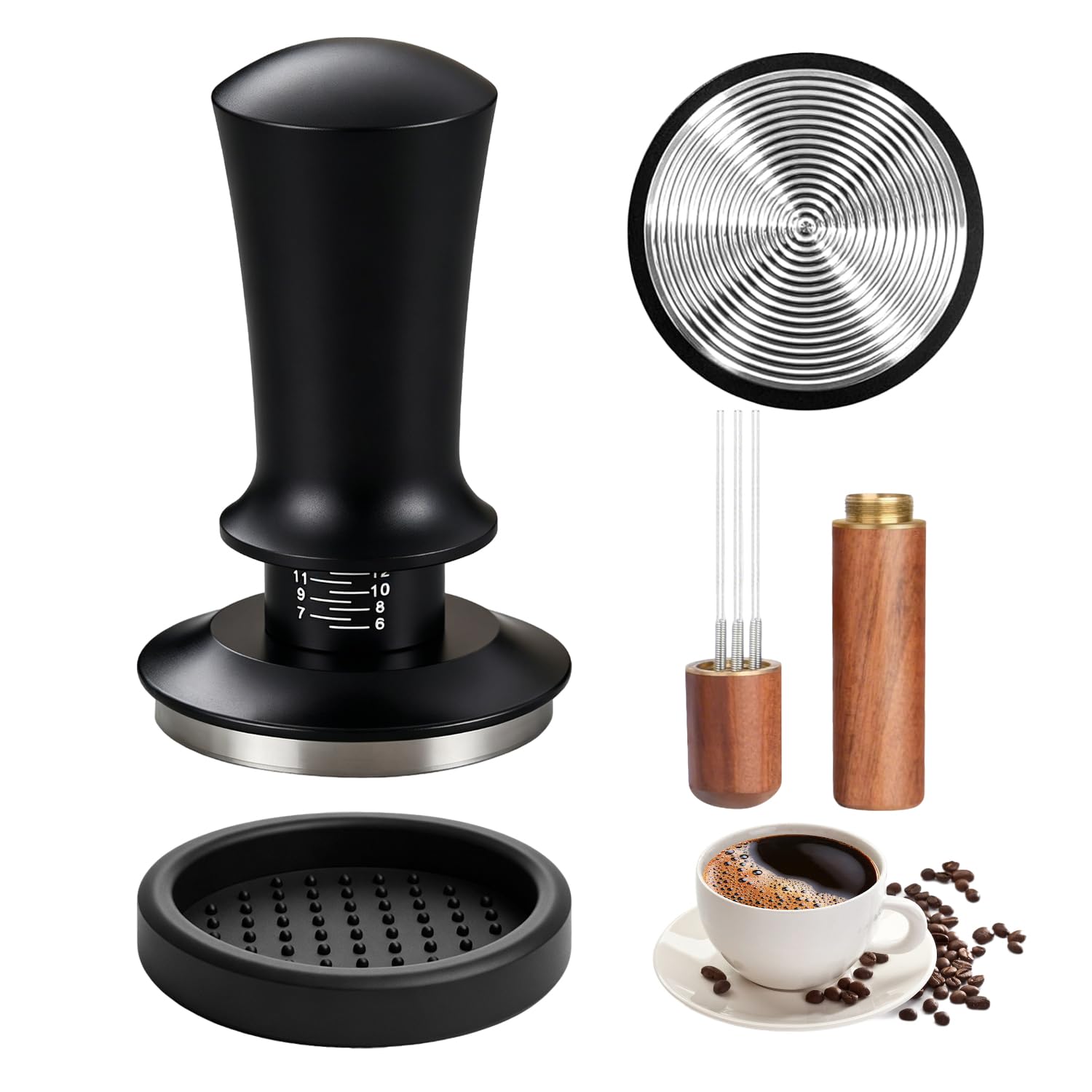 Pressino per Caffe da 58 mm Tamper Caffe Kit con Mini Ago WDT Tool e Pressa Caffè Tappetino Tamper 58mm Base Filettata e Molla Regolabile Pressino per Caffè Espresso Accessorio per Barista Caffetterie