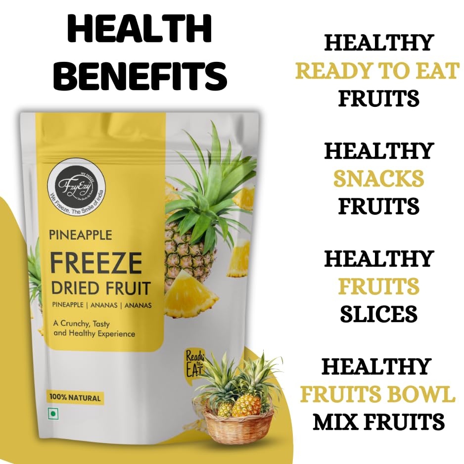 Image of FzyEzy Healthy Premium Freeze-Dried Pineapple Fruit Slices | Pantry Groceries Dehydrated Perfect for Healthy Snacking, Candy, Baking, Smoothie, Juice, Cake, Ice cream, Cereal | Promotes Good Digestive Health | Ideal Slices for Kids & Adults (150g)