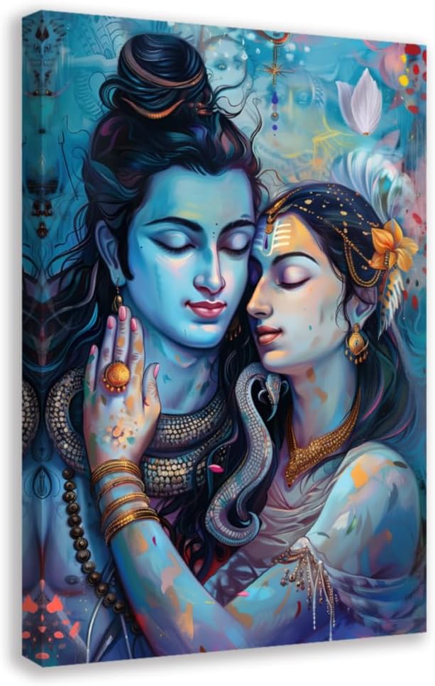 ANCROUTERY Shiva and Parvati Wall Art Hindu Gods Canvas Painting Ganesha God Poster Print for Living Room Bedroom Office Wall Decor Framed 12"x18"