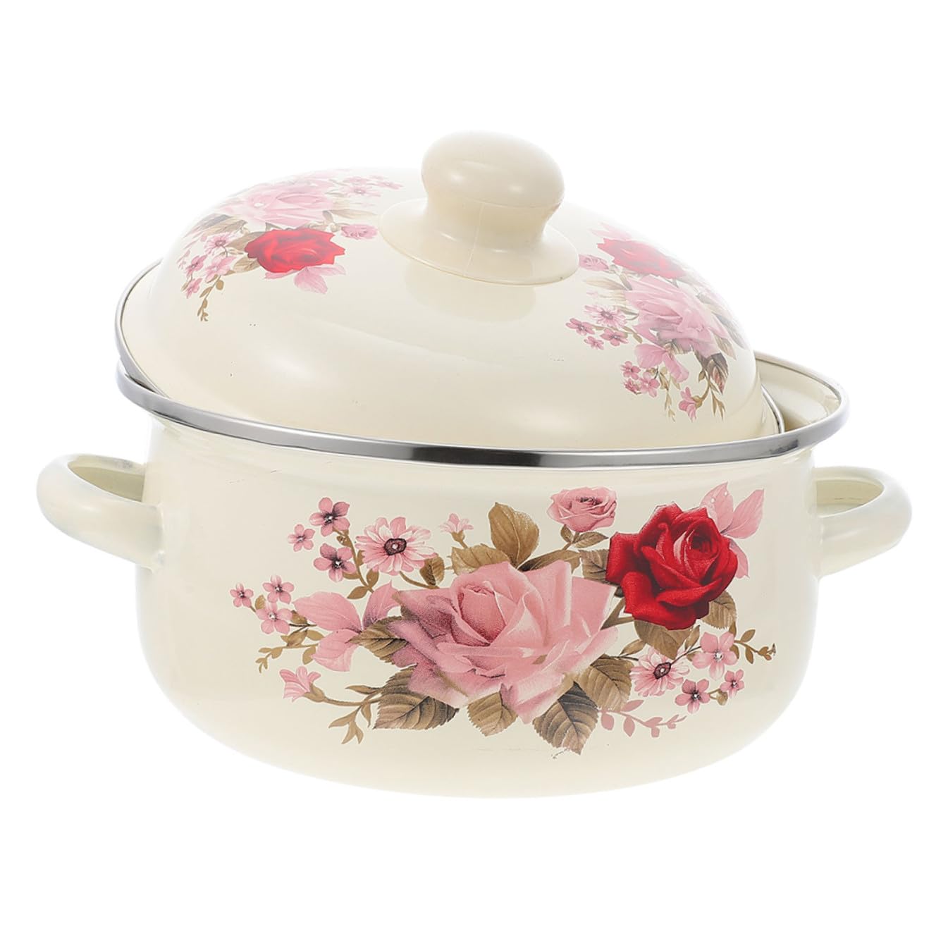 Emaille Suppentopf mit Deckel, Vintage Kochtopf mit Zwei Henkeln | Emailliert, Antihaftende Griffe, zum Kochen und Schmoren, Haushaltsnahes Küchenzubehör