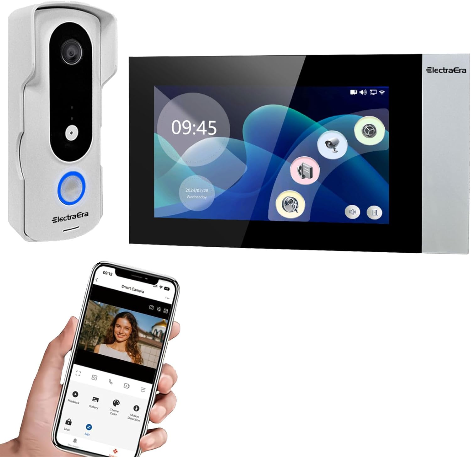 ElectraEra Video Intercom System, 7 Inches Touch Screen Video Doorbell with Monitor, Video Camera Kits Support Unlock, Monitoring, Wire Connection Dual-Way for Villa Office Apartment (APP with WiFi)