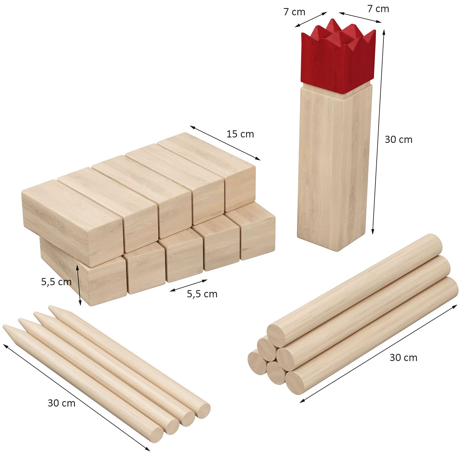 WELLGRO Kubb - Gioco XL per 2 – 12 giocatori, in legno massiccio, Re rosso, con istruzioni per il gioco, borsa