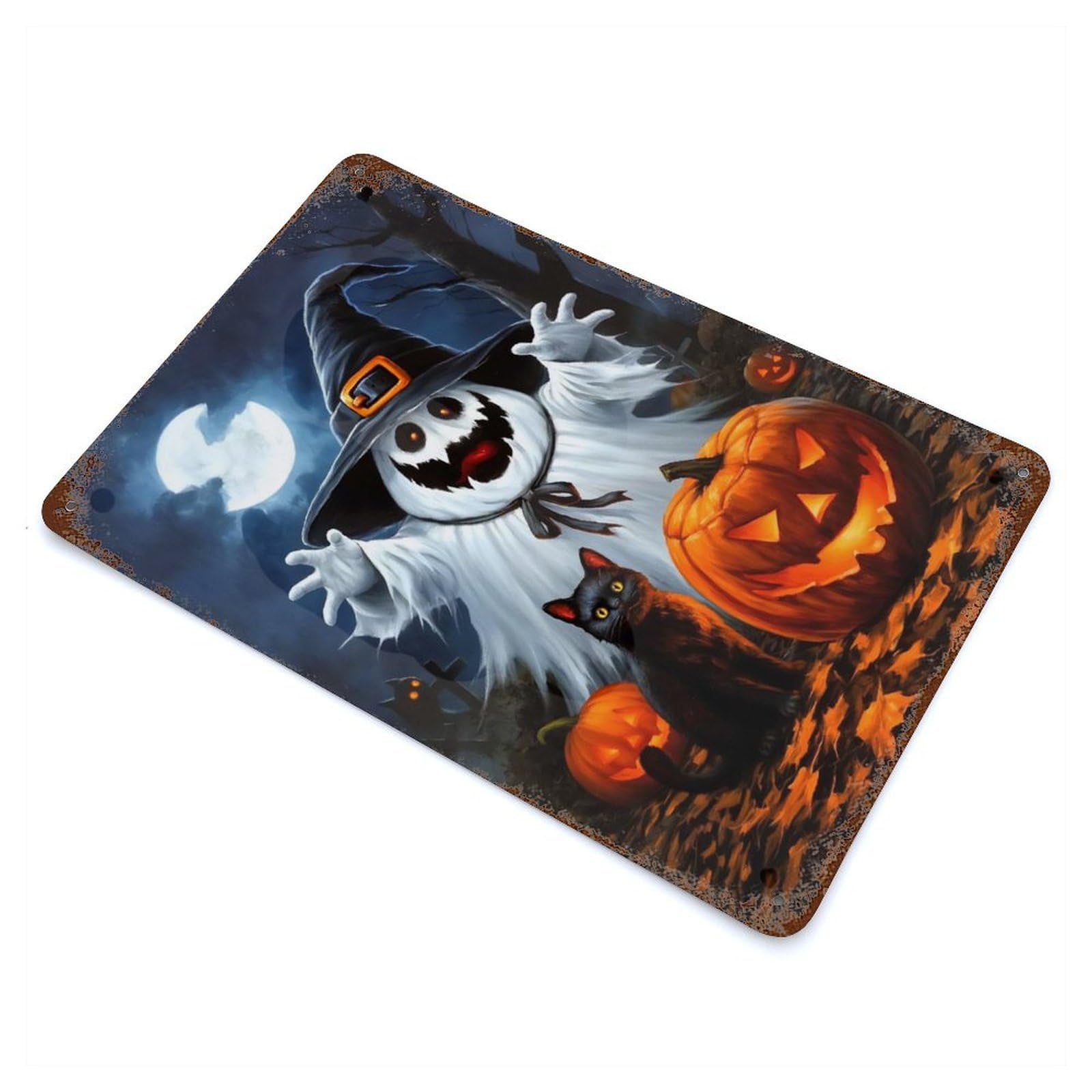 Garage Style Halloween Ghost with Jack-o-Lantern Weathered Tin Sign 11.8"x7.9", Classic Wall Plaque for Bar And Workshop