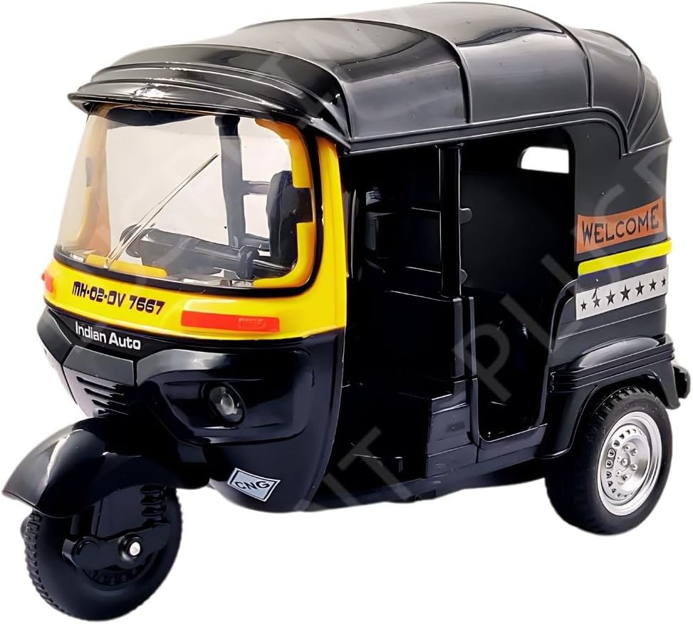 PLUSPOINT Auto Rickshaw Toy,with Pull Back Action City Traffic Vehicles Public Transport Toy with Light and Sound for Aged 3 4 5 6 Boys and Girls,Kids Party Favors Gifts (Auto Rickshaw) (Black)