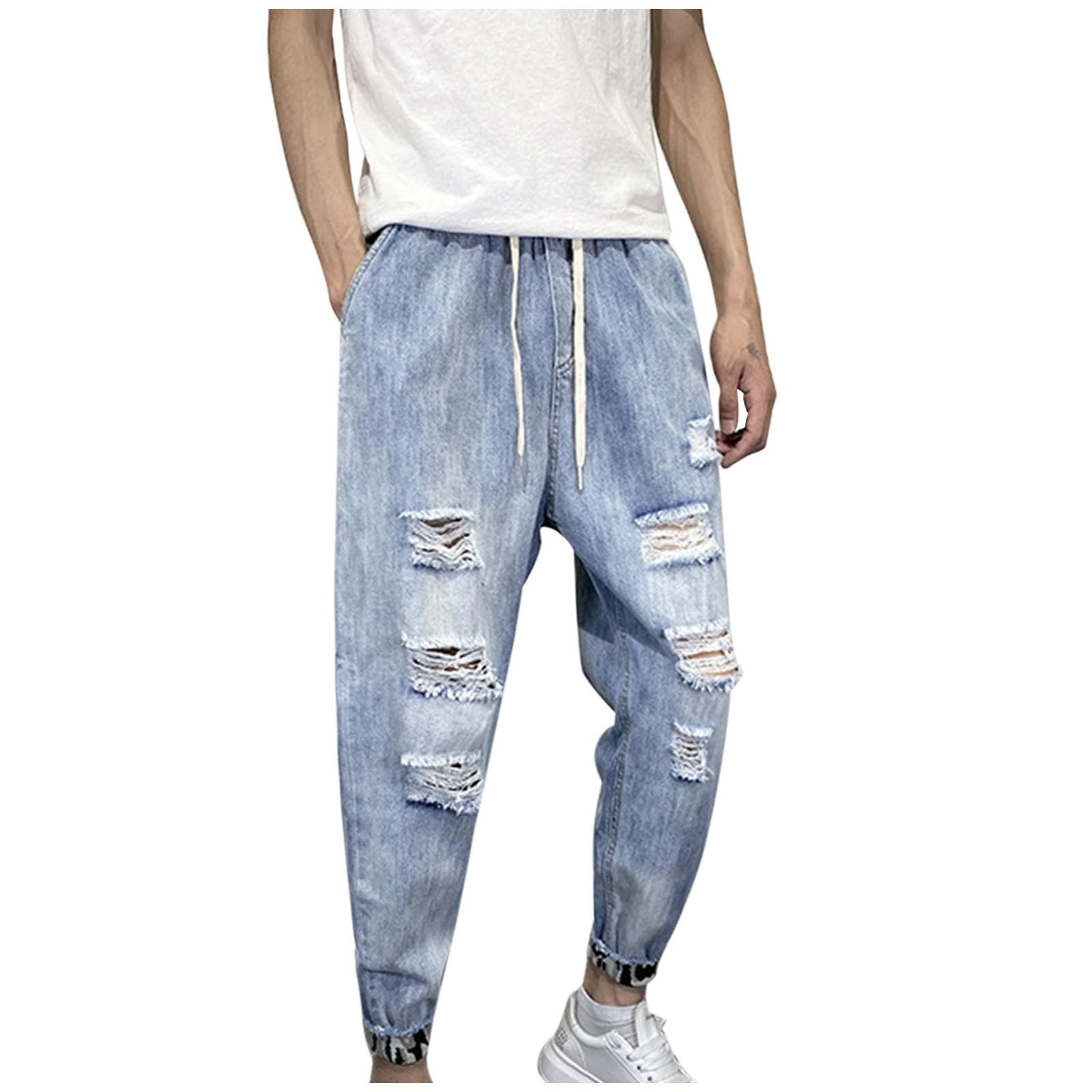 Bidobibo Mens Jeans Slim Fit Destroyed Distressed Taper Zipper Pants with Holes Distressed Tapered Jeans Skinny Ripped Jeans