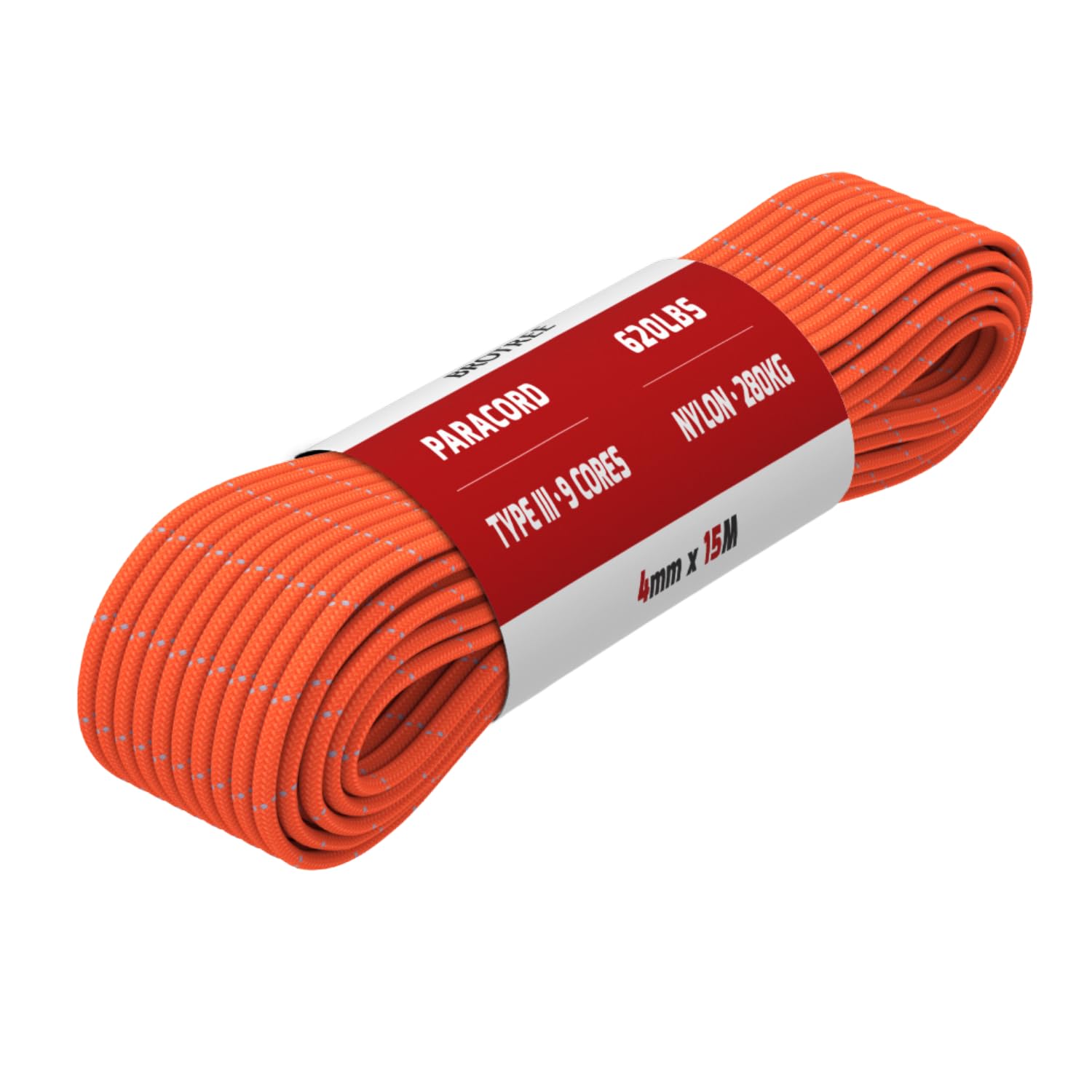 Brotree Reflective Orange Paracord 4Mm 15M 9 Strands 100% Nylon Rope Type 3 Parachute Cord For Outdoor, Bracelet, Diy - 280Kg Breaking Load (Reflective Orange)