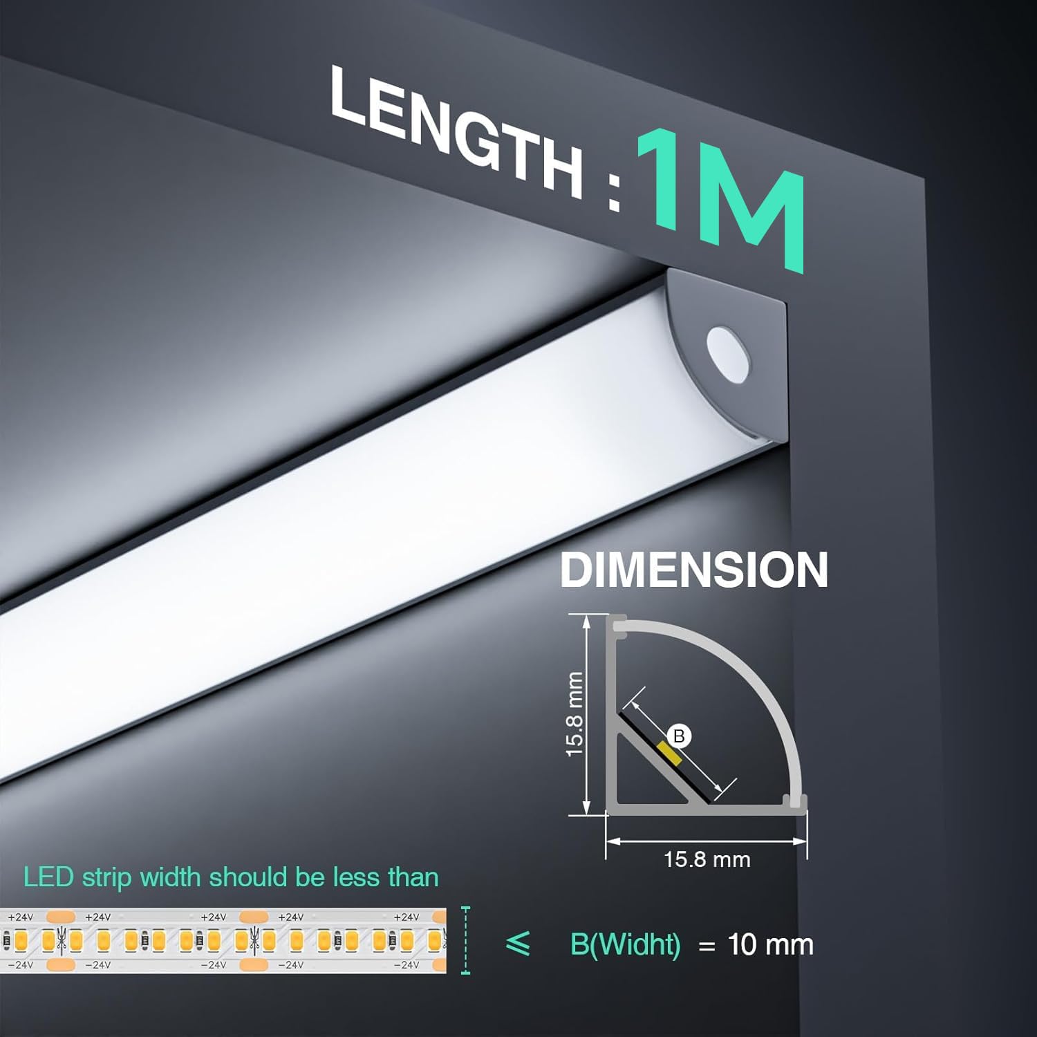 LED-Aluminiumprofil, 45-Grad-V-Winkel, 10 Stück à 1 Meter (10m Gesamtlänge), mit milchweißer PC-Abdeckung, Endkappen und Montageclips für LED-Streifen (10-teilig × 1m) [Energieeffizienzklasse A++]