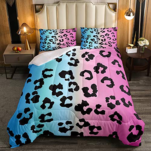 Leopard Comforter Set Watercolor Leopard Down Comforter,Fashion Decor Bedding Comforter Queen Size for Kids Girly Teens Adult,Cheetah Print Quilted Duvet Breathable Bedroom Decorations,Blue
