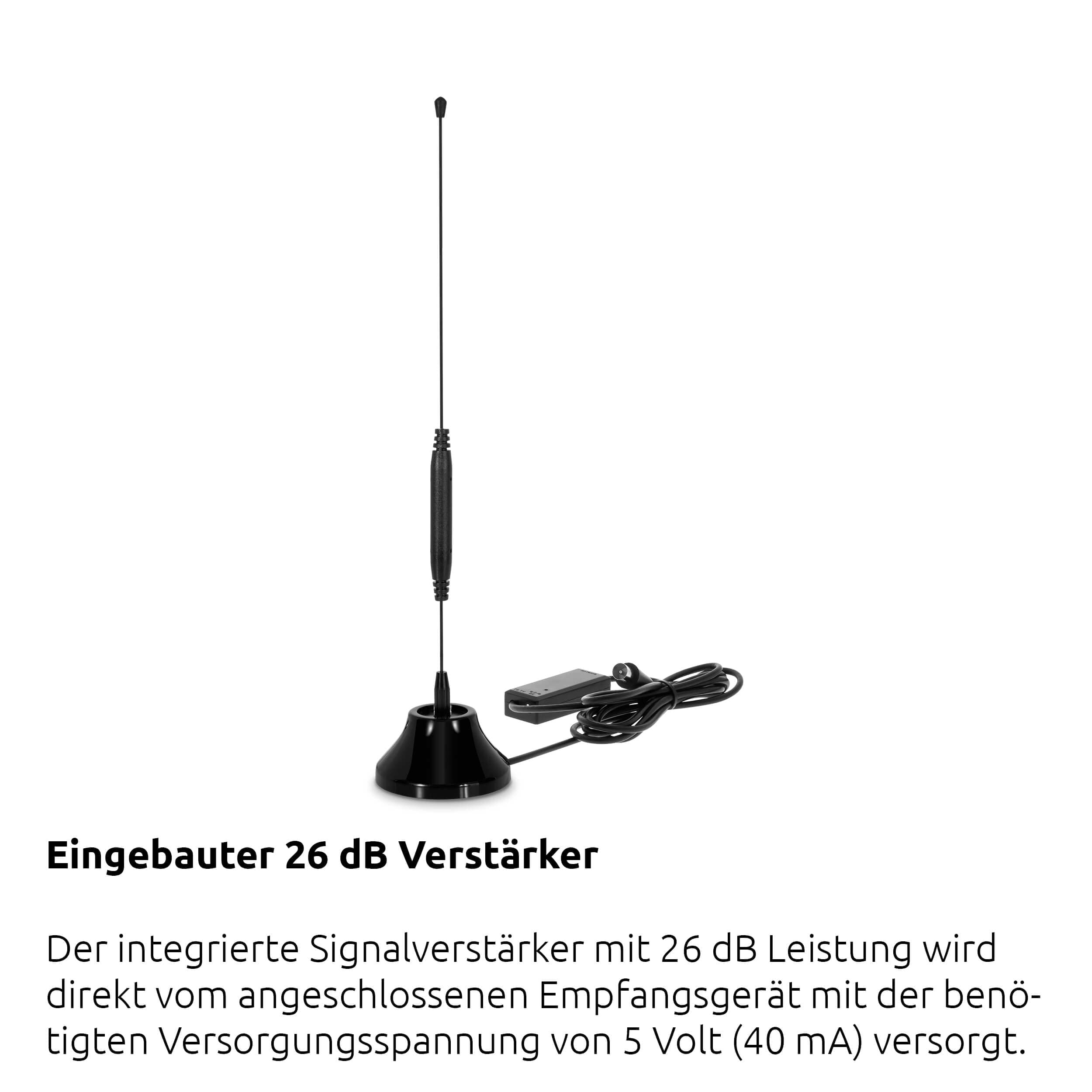 TechniSat Digiflex TT5 - Antena de Varilla DVB-T/Dab+/FM con Amplificador Integrado (LTE, Base magnética, Amplificador de 26 dB), Color Negro