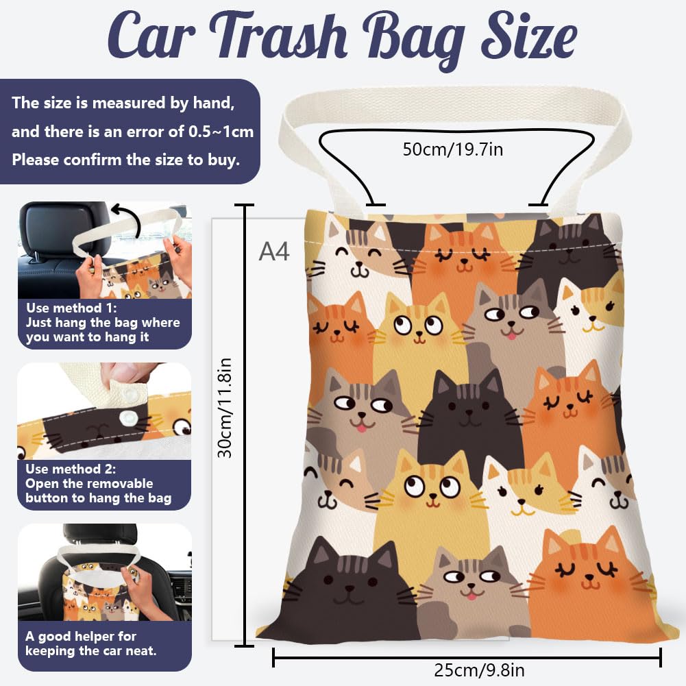 2PCS Cute Funny Cat Dog Print Car Trash Bag Portable Hanging Garbage Bag with Snap Buttons Back Seat Rubbish Storage Dustbin for Women Man Car Interior Accessories Kitchen Home Travel