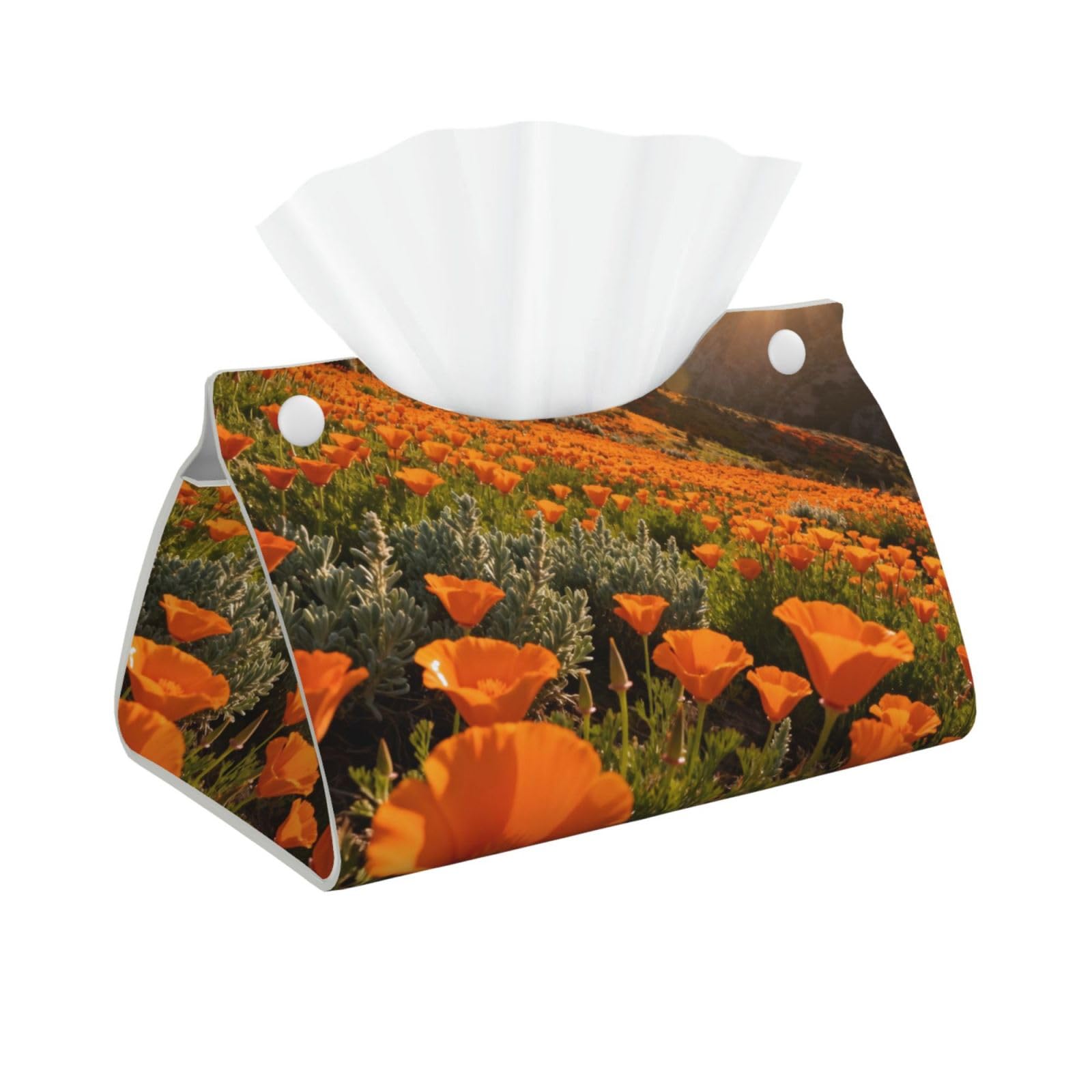 Poppy fields Long Leather Tissue Box Cover-Waterproof PU Leather Tissue Holder for Bathroom, Decorative Rectangular Tissue Case