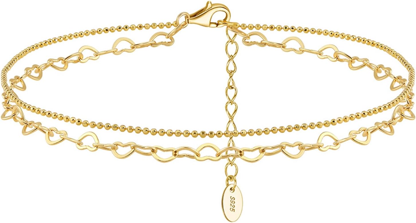 Layered Anklet 925 Sterling Silver Gold Plated Adjustable Heart Chain Beaded Charm Chain for Women Gift