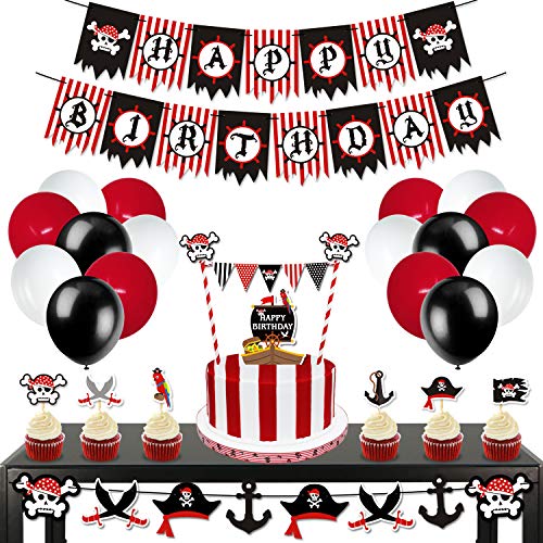 Levfla 70 Pack Pirate Birthday Halloween Party Decorations Kids Birthday Photo Prop Banner Garland Balloons Cake Cupcake Toppers Sea Sailing Nautical Themed Party Favor Supplies #TOP6