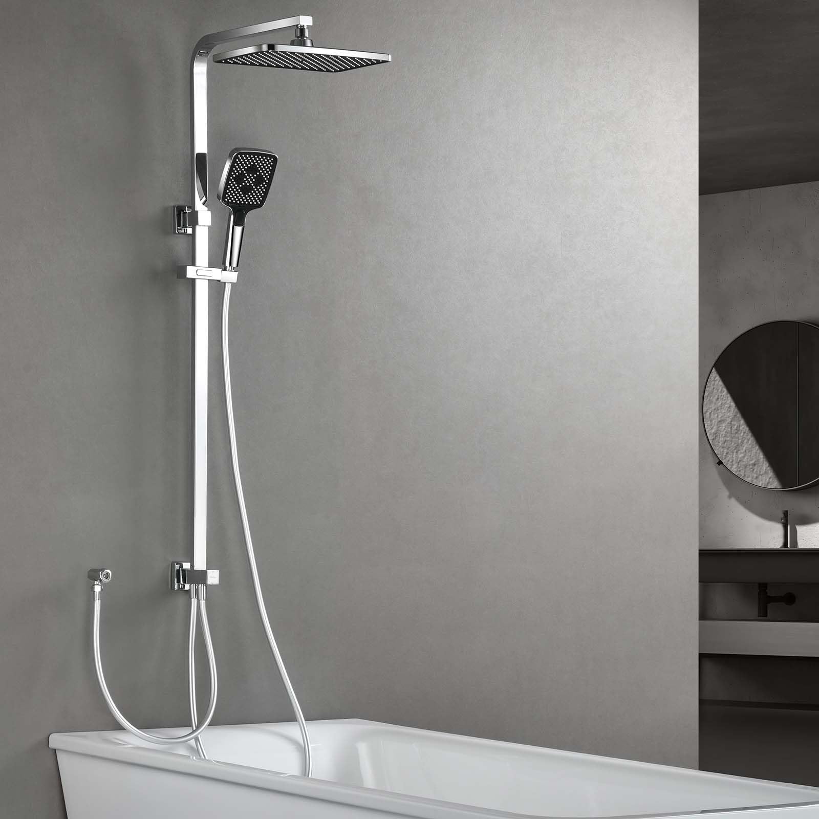 Sontiy Chrome Rainfall Shower Set, Square Swivelling Riser Rail With Large Overhead & Handheld Shower, Brass Diverter, 3 Jet Types, 5-Year Warranty,