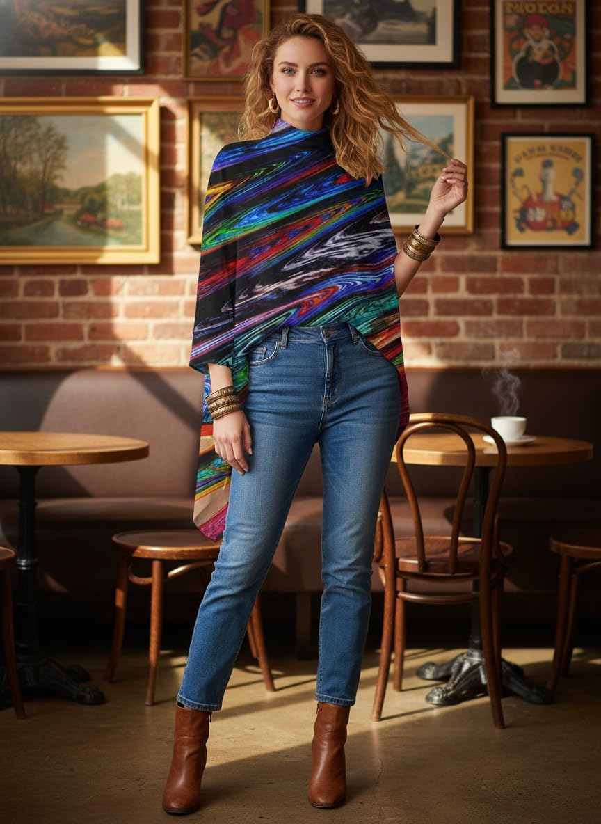 Akivide Women's Colorful Pattern Fall Tunic Tops Plus Size Mock Neck Asymmetrical Hem Long Sleeve Loose Blouse Shirt - Image 2