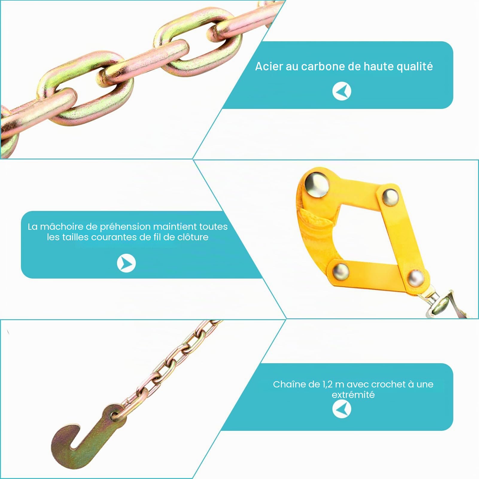 Cocoarm Crépine de clôture, wire Fence tensioner, crépine de clôture Tendeur de barbelé Fil de clôture de Ferme résistant pour tendeur de Traction de réparation de clôture avec la chaîne de 1.2m