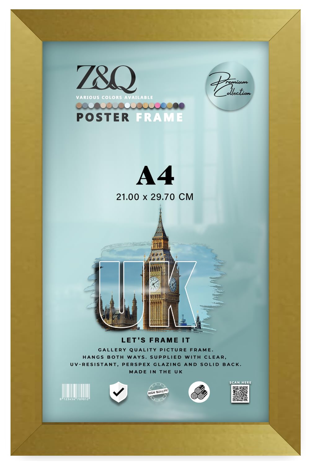 Z&Q | Wall-Mounted MDF Photo Frame A4 (21.00 x 29.70 CM) Minimalist Engineered Wood, Stylish Decor 8 Inch x 11 Inch Hanging Poster Frame, 210 x 297 mm [ Gold ]