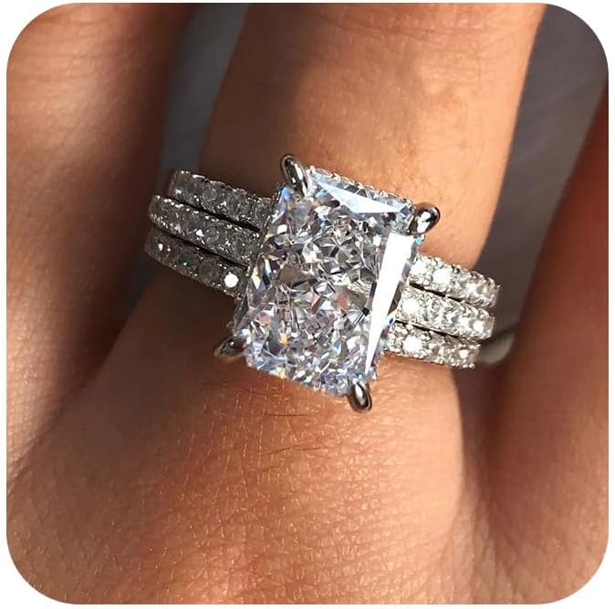 Gixaxak 18K White Gold Plated Cubic Zirconia Three-in-One Moissanite Square Wedding Engagement Promise Eternity Ring Bridal Set Anniversary Promise Rings for Her 7