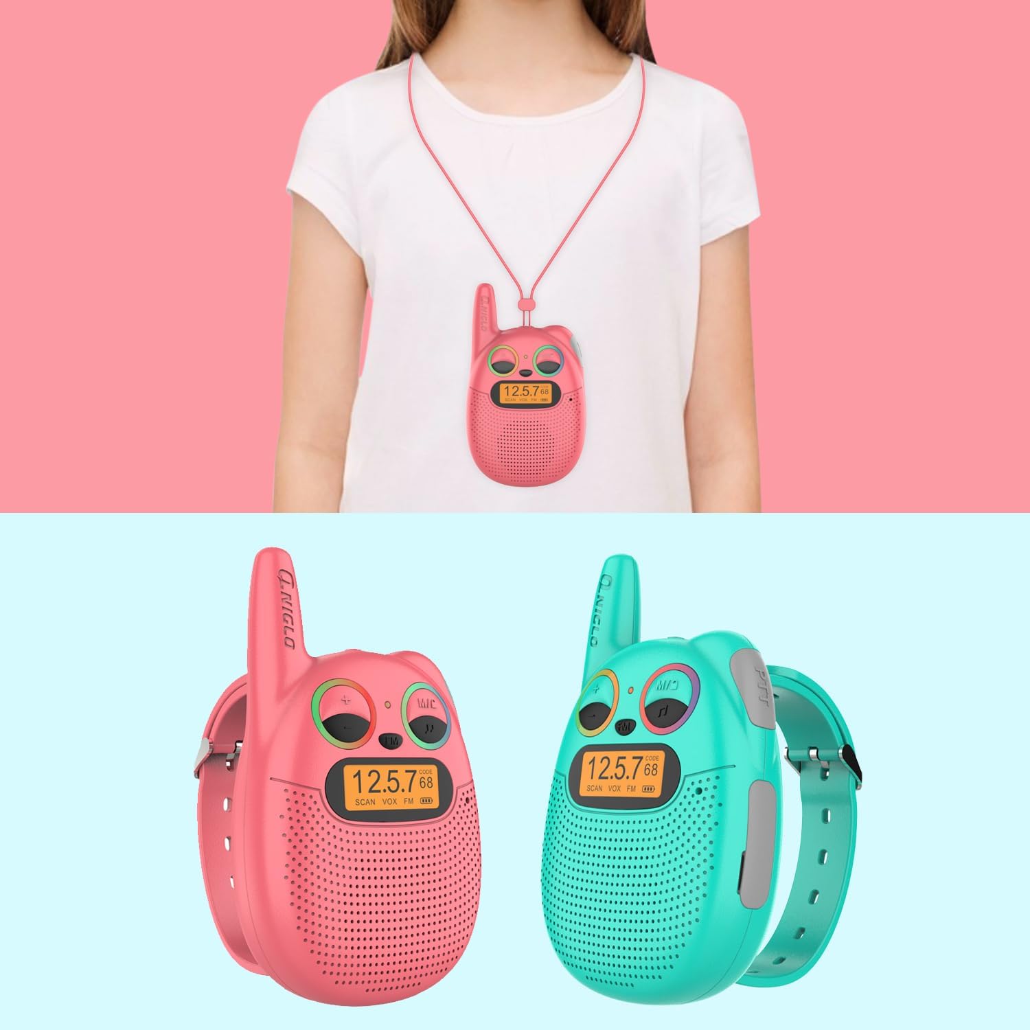Qniglo Walkie Talkies for Kids, Rechargeable walkie Talkie Watch for Kids，3-Mile Range, 7-Day Standby, VOX， Backlit LED Screen， Great Gift for Girls and Boys Ages 3-12 (2-Pack) image 2
